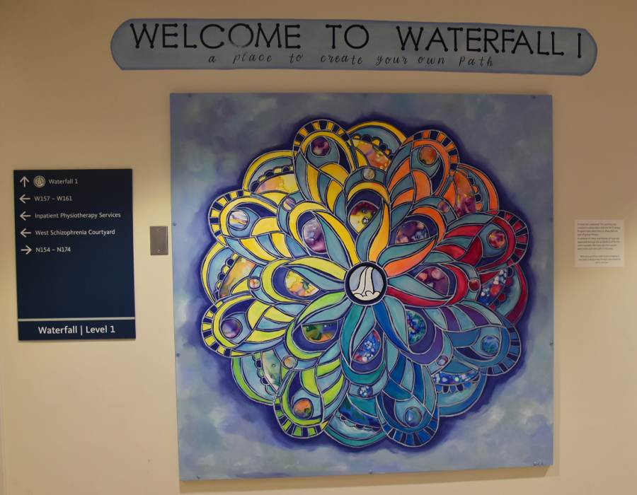 Murals - A Waterfall 1 Welcome St.Joe’s Hamilton West 5th campus (2021) by April Mansilla.