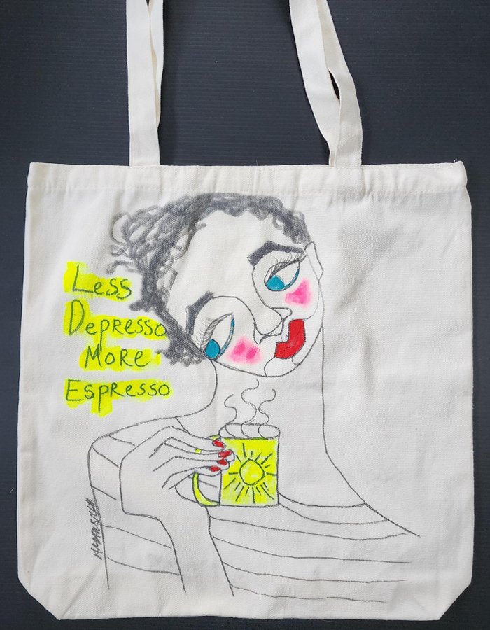 Shop - Less Depresso More Expresso, Black and White Tote Bag by April Mansilla.