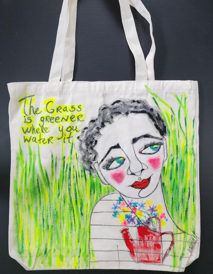 Shop - The Grass is Greener Where You Water It, Black and White Tote Bag by April Mansilla.