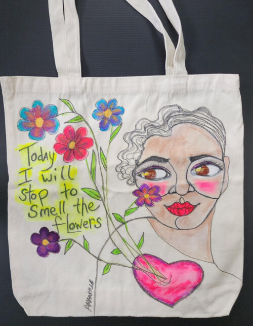 Shop - Today I will Stop to Smell the Flowers, Black and White Tote Bag by April Mansilla.