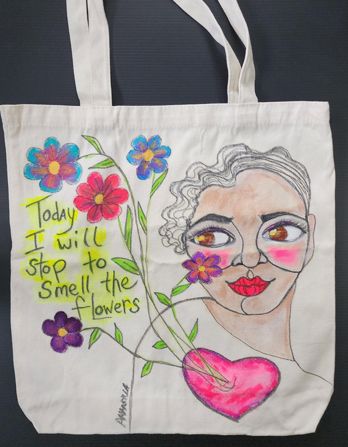 Shop - Today I will Stop to Smell the Flowers, Black and White Tote Bag by April Mansilla.